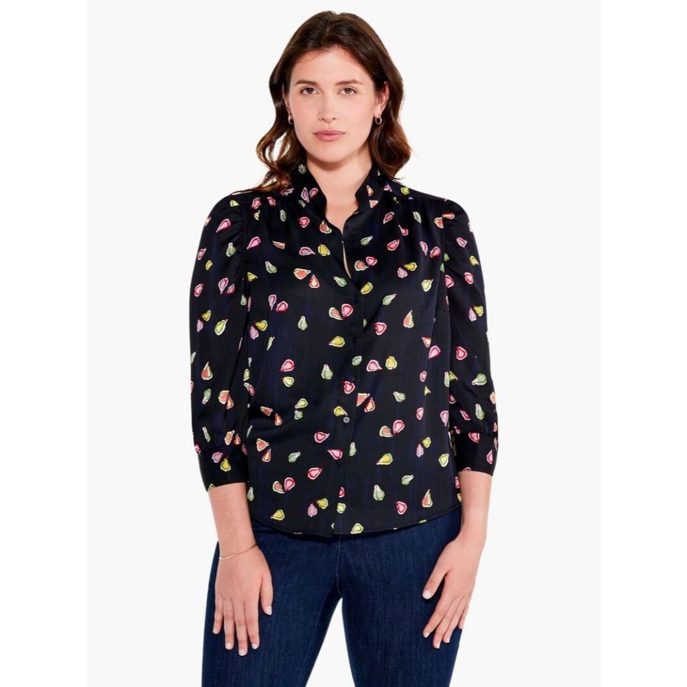 Nic + Zoe NWT Party Pears Button Front Top in Black Multi size 2X
